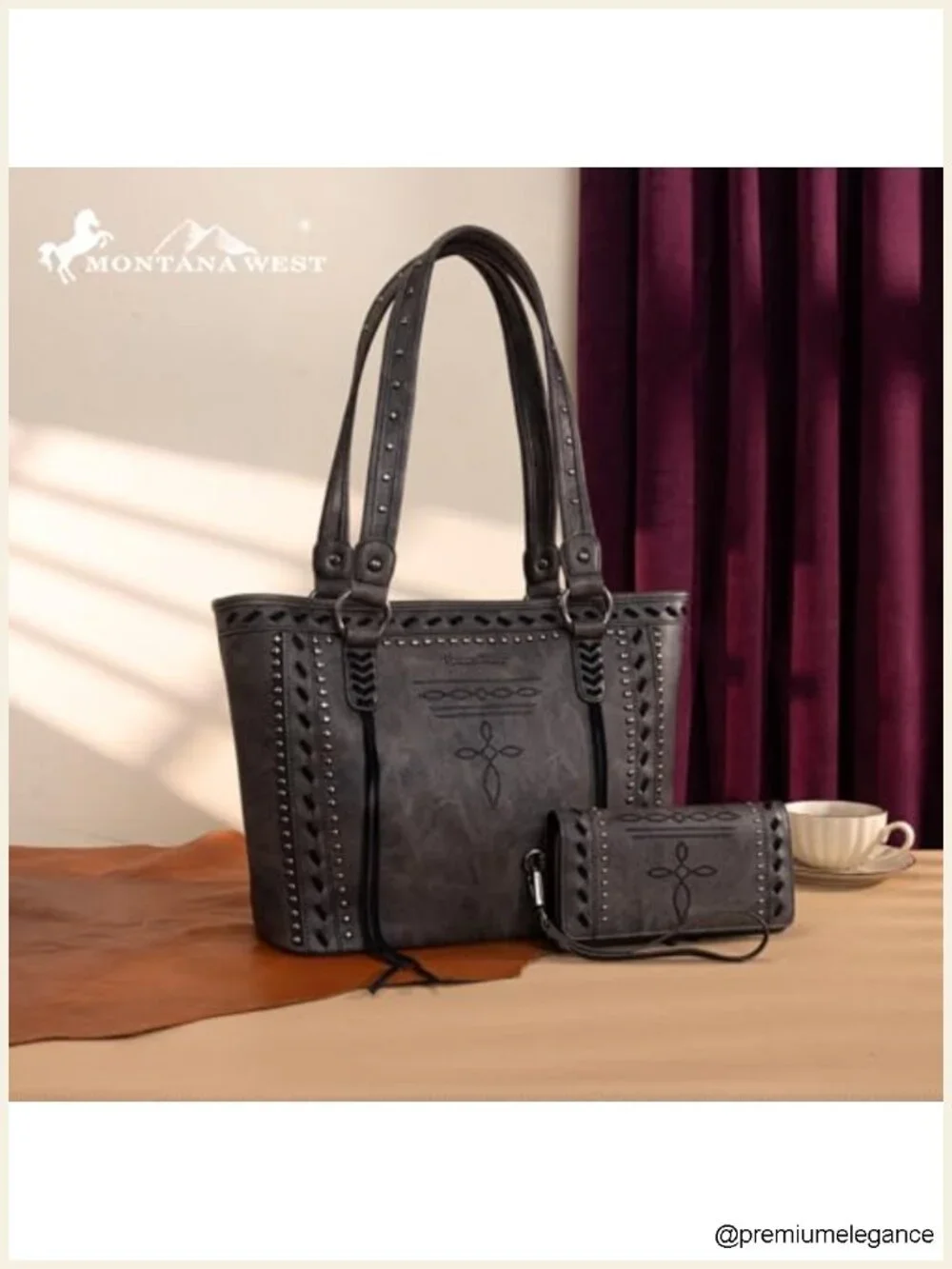 Western Tote Bag with Wallet Vegan Leather Studded Shoulder Handbag